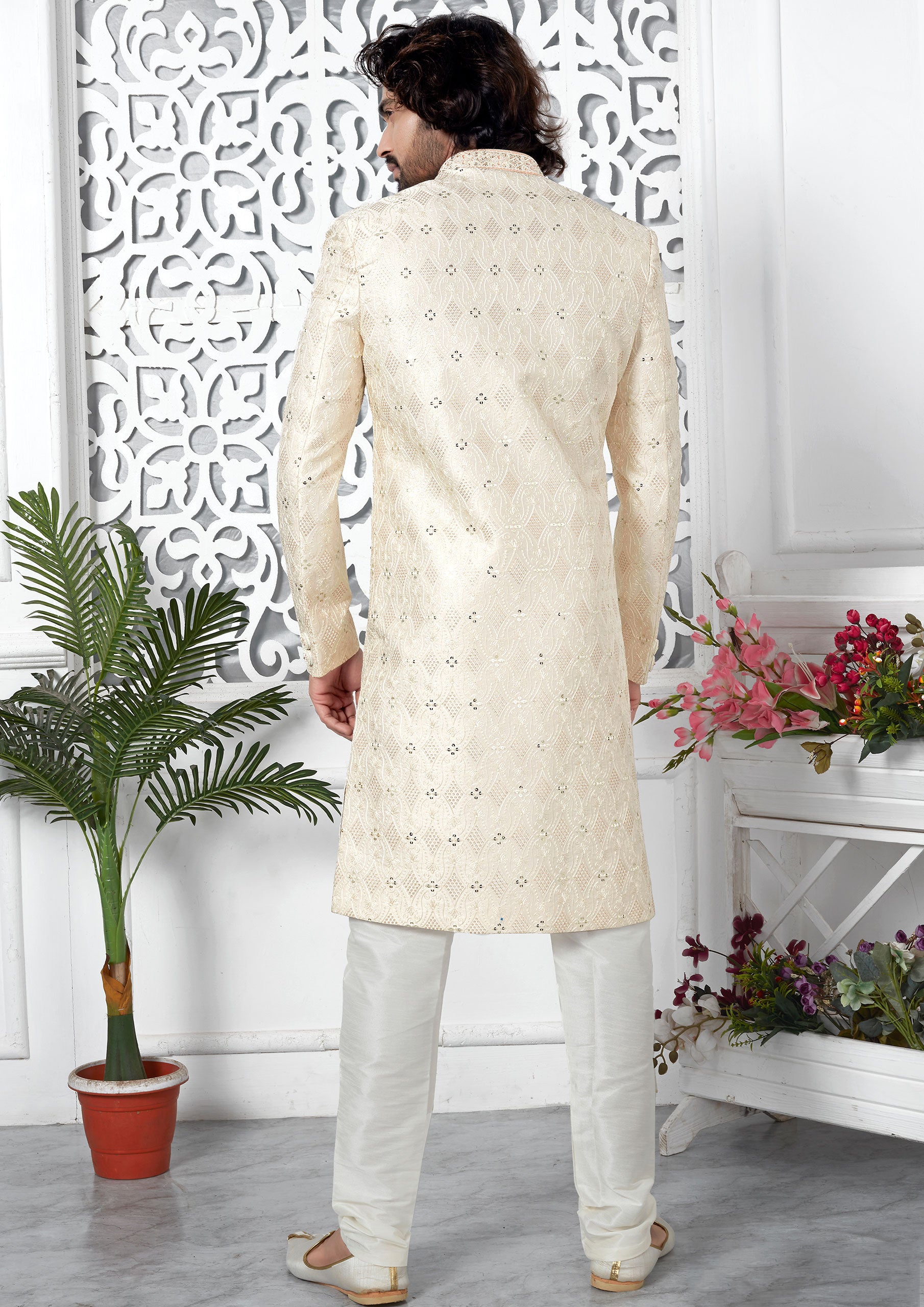 Adorable Cream Color Art Silk Thread Embroidered Sherwani
